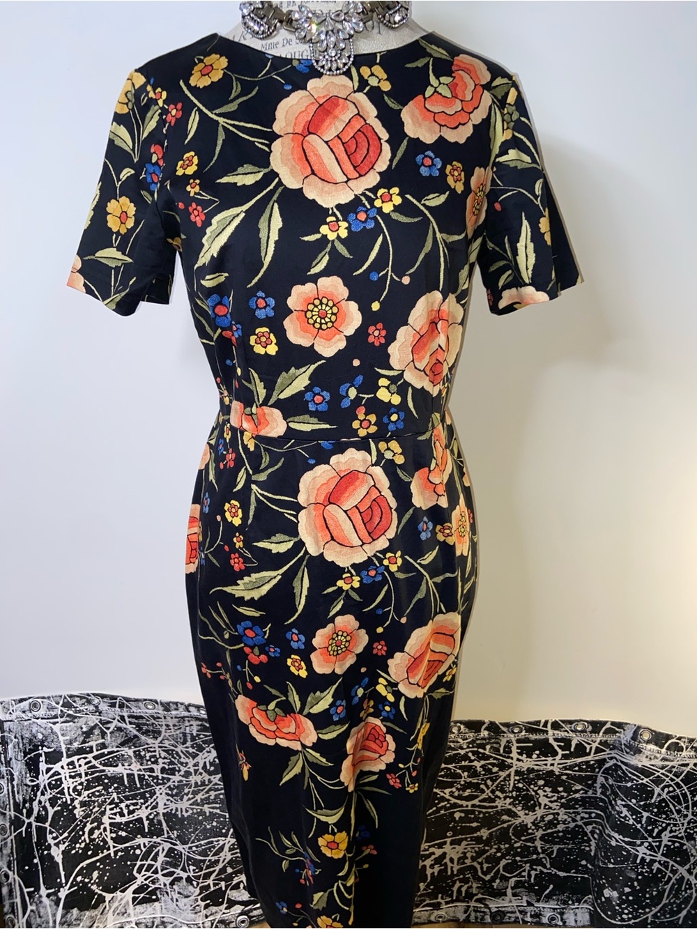 ASOS Black Midi Dress with Peach Floral Print